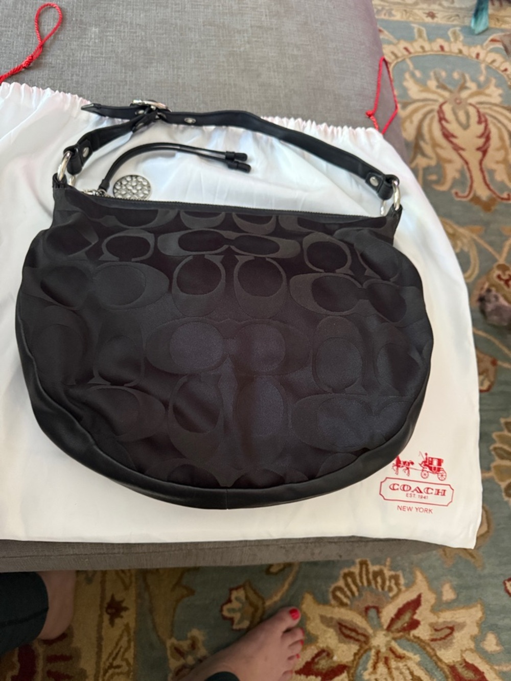 Coach Black Signature Jacquard & Leather Shoulder Hobo